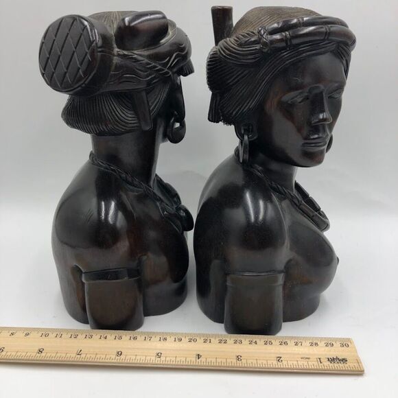 Vintage Set of 2 Wood Carved Busts Figurines Tribal Tabletop Brown Male Female - Picture 13 of 13